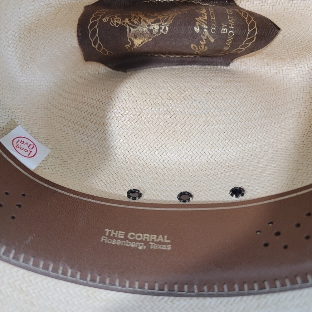 Larry Mahan The Corral By Milano Hat Tan Bandido 100% Straw Hat 6/8-55 Long Oval - Picture 9 of 12